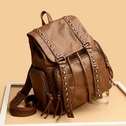 Designer Belt Rivet Women Backpack Soft Leather Shoulder Bag for Women Girls School Bag Casual High-capacity Travel Bagpack Sac