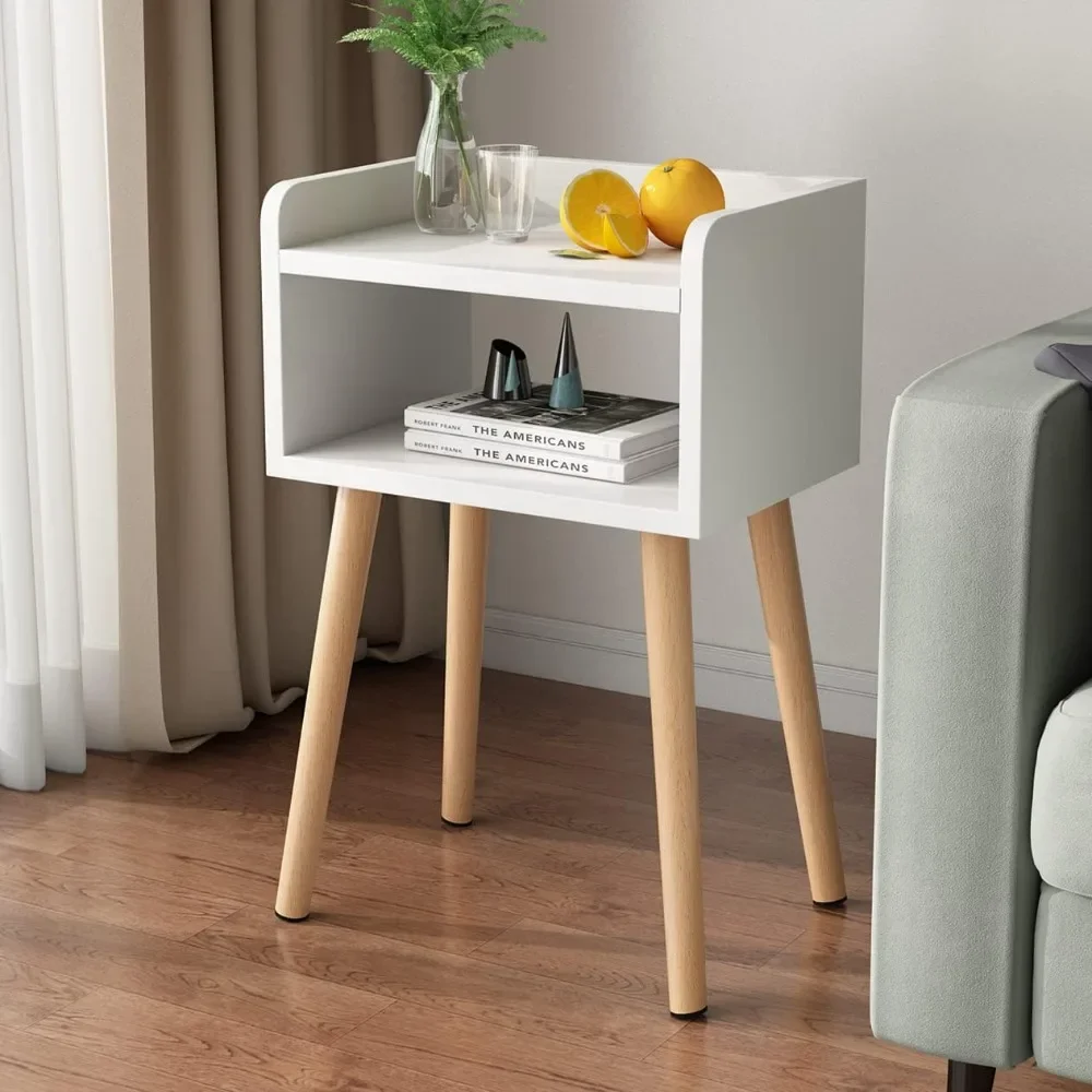 

Mid-Century Modern Bedside Table with Solid Wood Legs, Adorable and Practical End Side Table with Open Storage Shelf