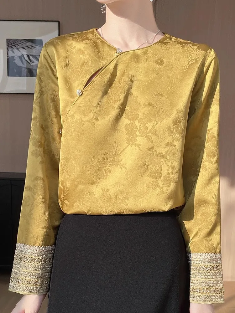 

Ele Retro Acetate Satin irt Women's Large Size Long Sve Button Plaet Traditional Chinese Sle Top Commute Simple