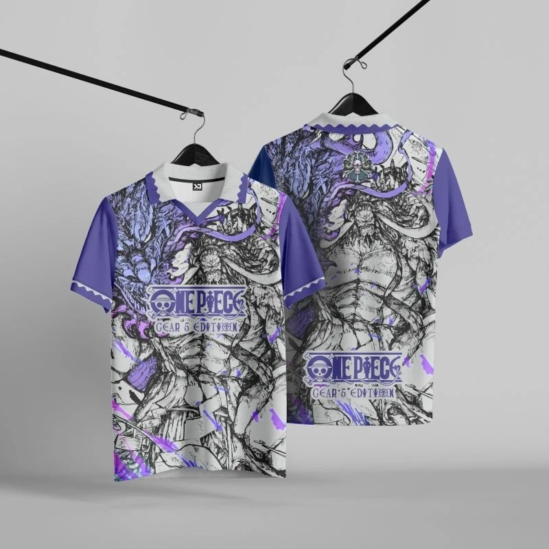 Camiseta de Anime One Piece Luffy Gear 5 con estampado completo en 3D, ropa de calle vintage, camisa Polo informal morada Harajuku para hombres y mujeres