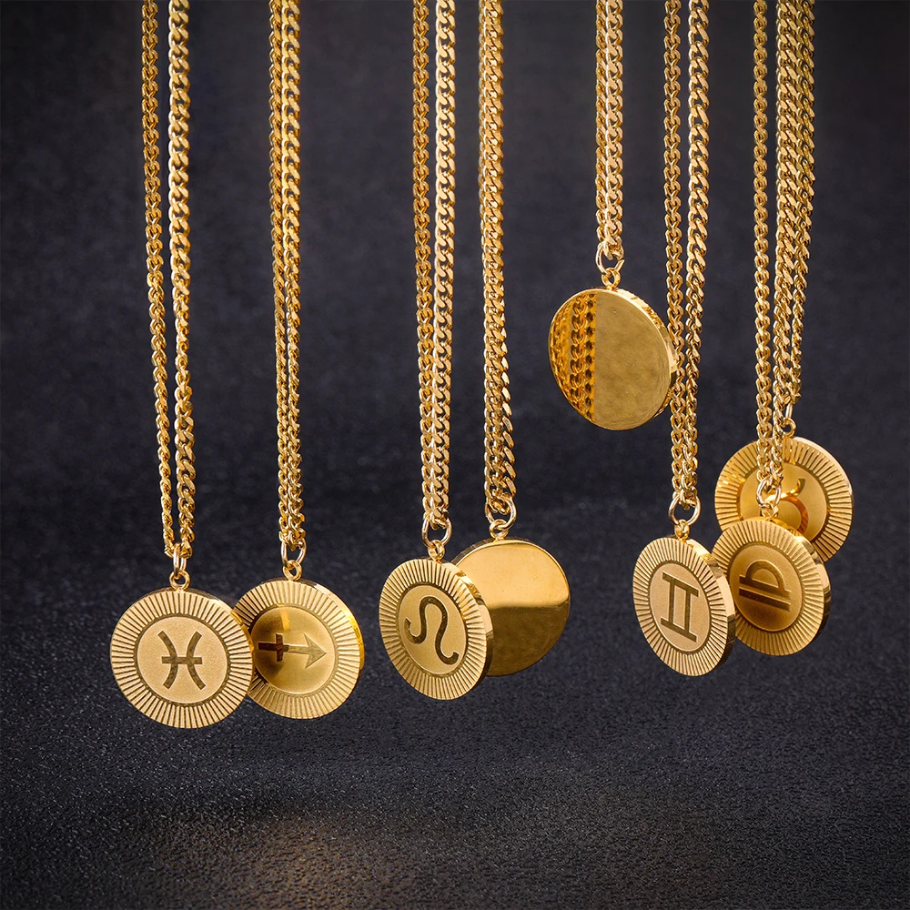 12 كوكبة رموز قلادة دائرية 18K مطلية بالذهب مقاوم للماء أسلوب فاسق جولة الرقبة مجوهرات هدية عيد ميلاد ل As #1