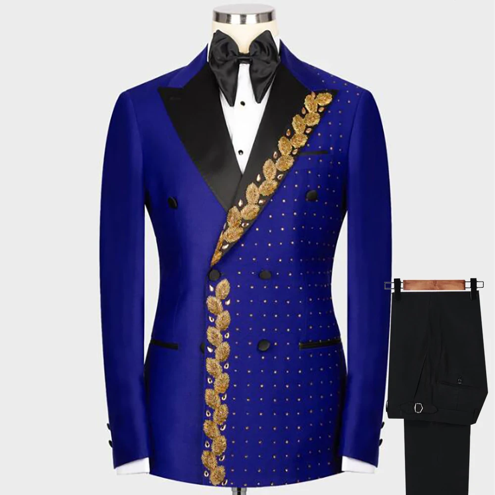 

Royal Blue Groom Wedding Tuxedos Custom Made Gold Crystals Beads Lapel Jacket Pants 2 Pieces Men's Suits Prom Party Blazer Sets