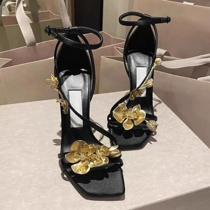 Zapatos de tacón alto con flores para mujer, sandalias sexis elegantes con tacones de aguja, vestido de verano para mujer, Zapatos de tacón de diseñador de marca de lujo para mujer 2025