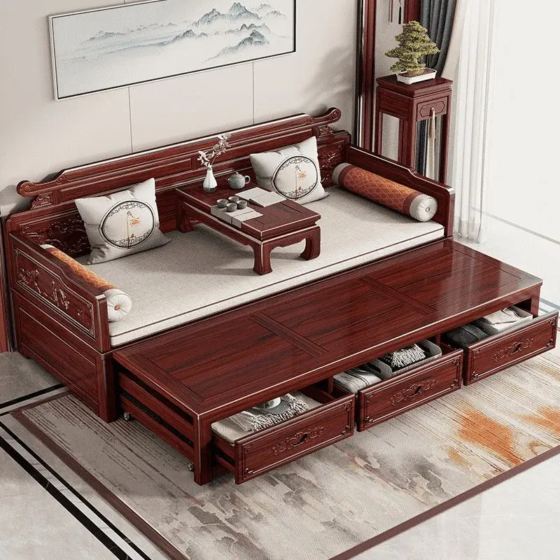 New Chinese solid wood Arhat bed Sourdough wood living room multi-functional folding sliding sofa bed dual-purpose