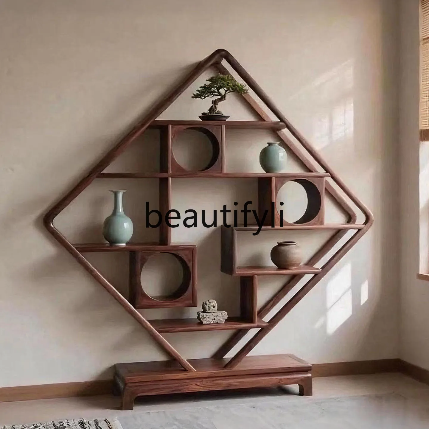 

New Chinese Style Black Walnut Wooden Bogu Rack Aesthetic Solid Wood Multi-Storage Cabinet Living Room Partition Storage Rack