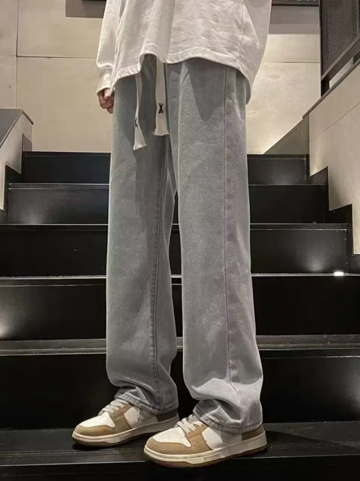 

Loose Straight Leg Men's Jeans Black Grey Wide Leg Long Trousers Casual Vintage Style Versatile Japanese Simple Design