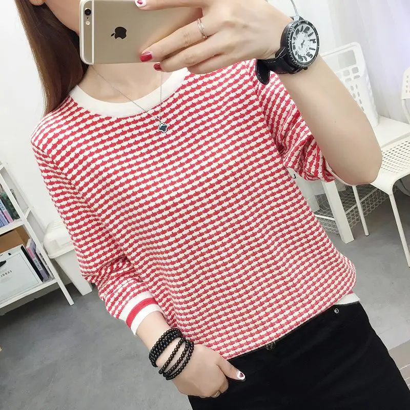 Autumn Winter Women\'s Clothing Pullover Long Sleeve Round Neck Checkered Contrast Color Sweater Knitted Casual Elegant Tops