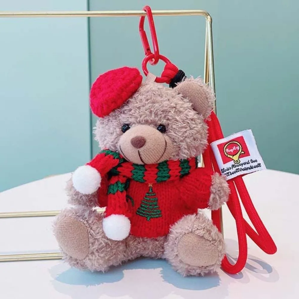 Red Beret Plush Bear Keychain Soft Plush Mini Size Xmas Tree Bauble Lightweight Durable Cartoon Bag Charm Car Mirror