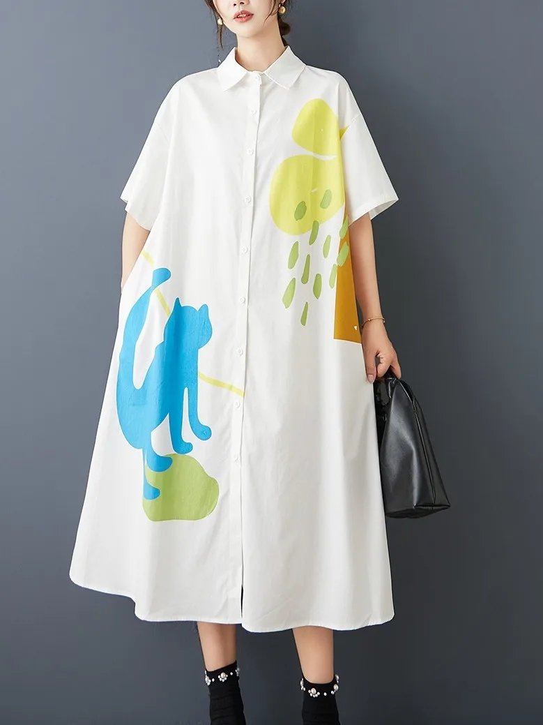 

Модная женская летняя миди-рубашка из хлопка и льна с коротким рукавом, с граффити-принтом, дышащая, удобная, в повседневном стиле