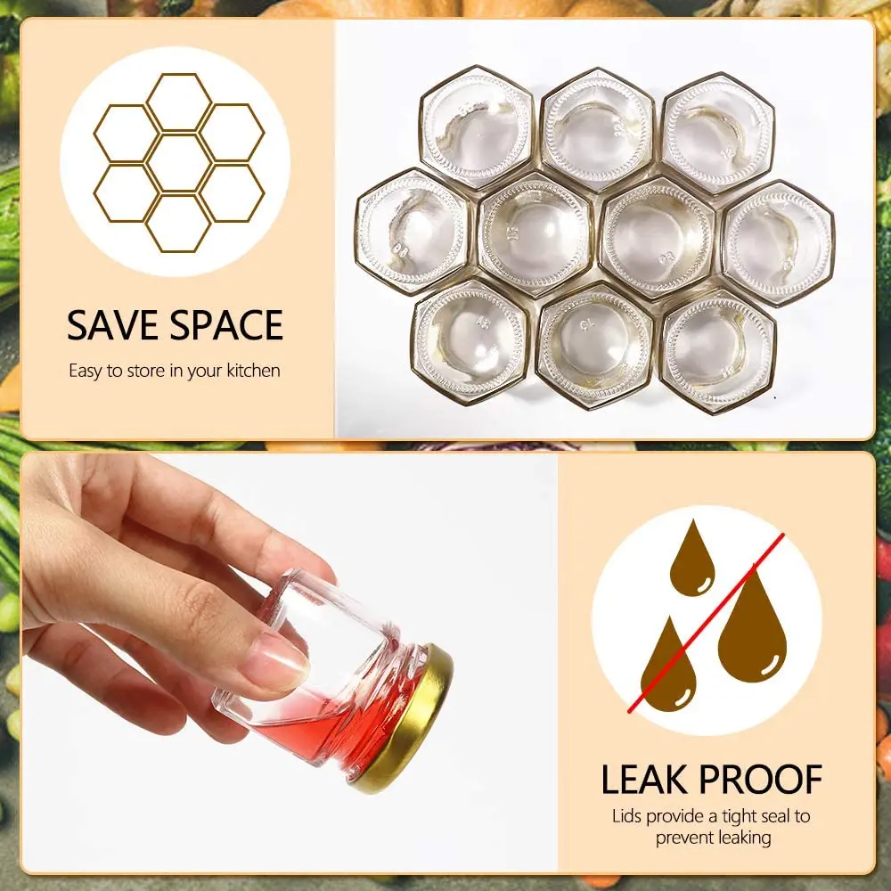 Hexagon Mini Glass Honey Jars with Wood Dippers, Gold Lids,Bee Pendants Jutes  Bee Stickers Perfect for Baby Shower,Wedding