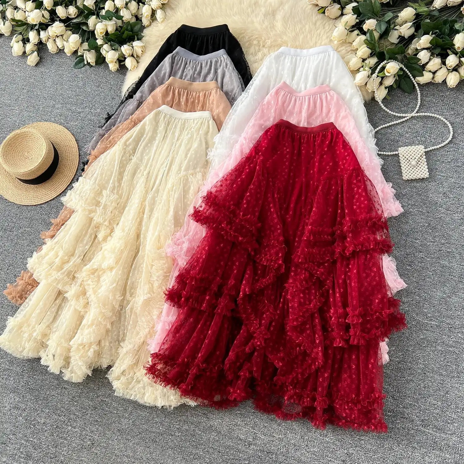 Women Elegant Midi Length Skirt Spring Autumn Heart Mesh Irregular Fluffy Skirts