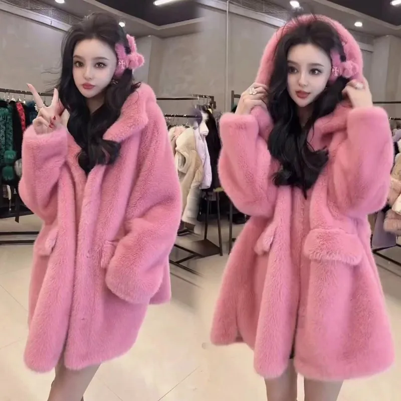 New imitation fur coat women's velvet medium length hooded