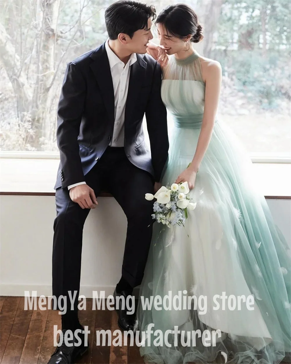 

ZHUISHU Korea A Line Evening Dresses Sage Green Fairy Tulle Halter Neck Wedding Photo Shoot Corset Formal Birthday Party Dress