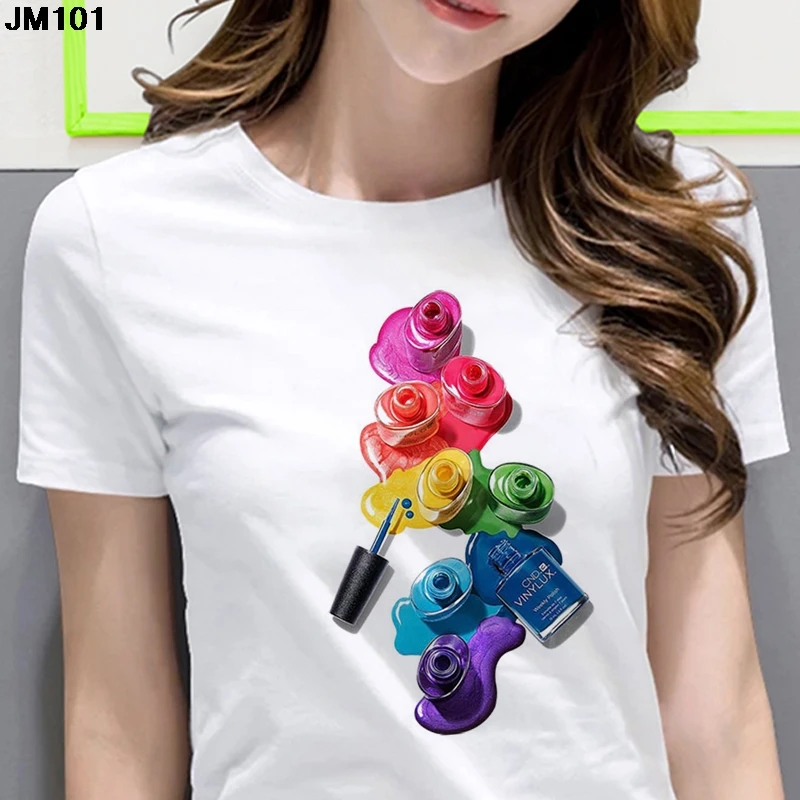 Short Sleeve O Neck Tshirt Beautiful Women's Shirt Tops Cartoon 3D Nail Polish Printing T-shirt Harajuku Female Clothing T Shirt