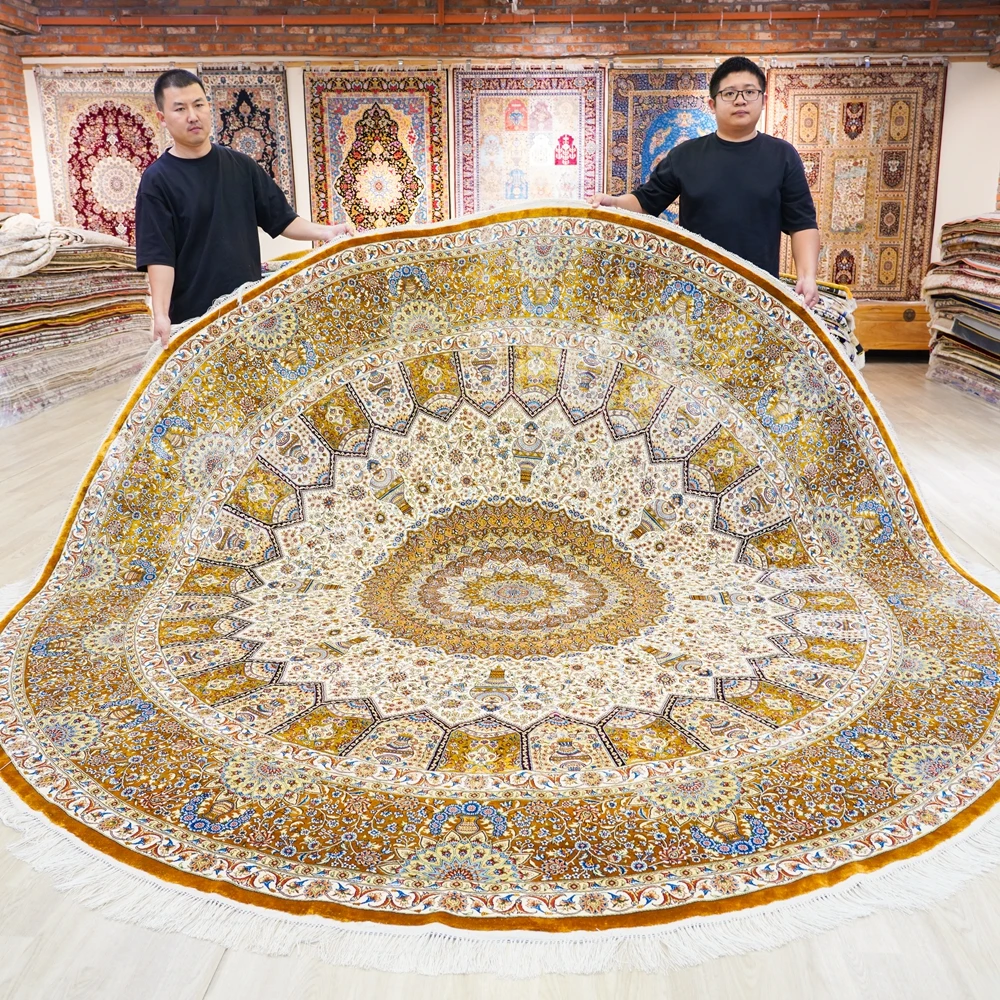 305x305cm Traditional Yellow Floral Hand Knotted Large Persian Silk Round Carpet (TJ844A)