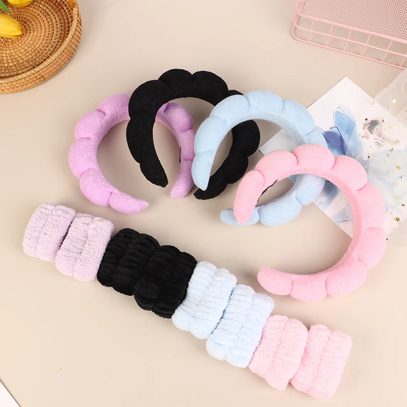 Bando Spa untuk mencuci wajah, aksesori rambut wanita, 3 buah bando spons Makeup Headband pergelangan tangan handuk gelembung