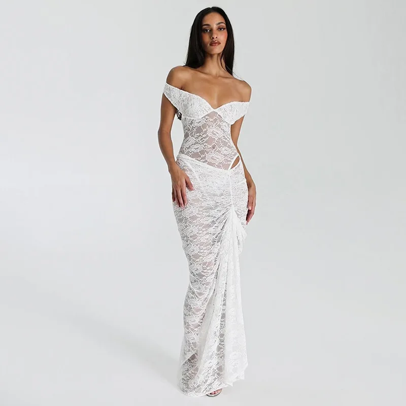 Women Summer See Through Lace Two Piece Set Sexy V-neck Off Shoulder Backless Bodysuits Top + Ruched Maxi Skirts Party Clubwear