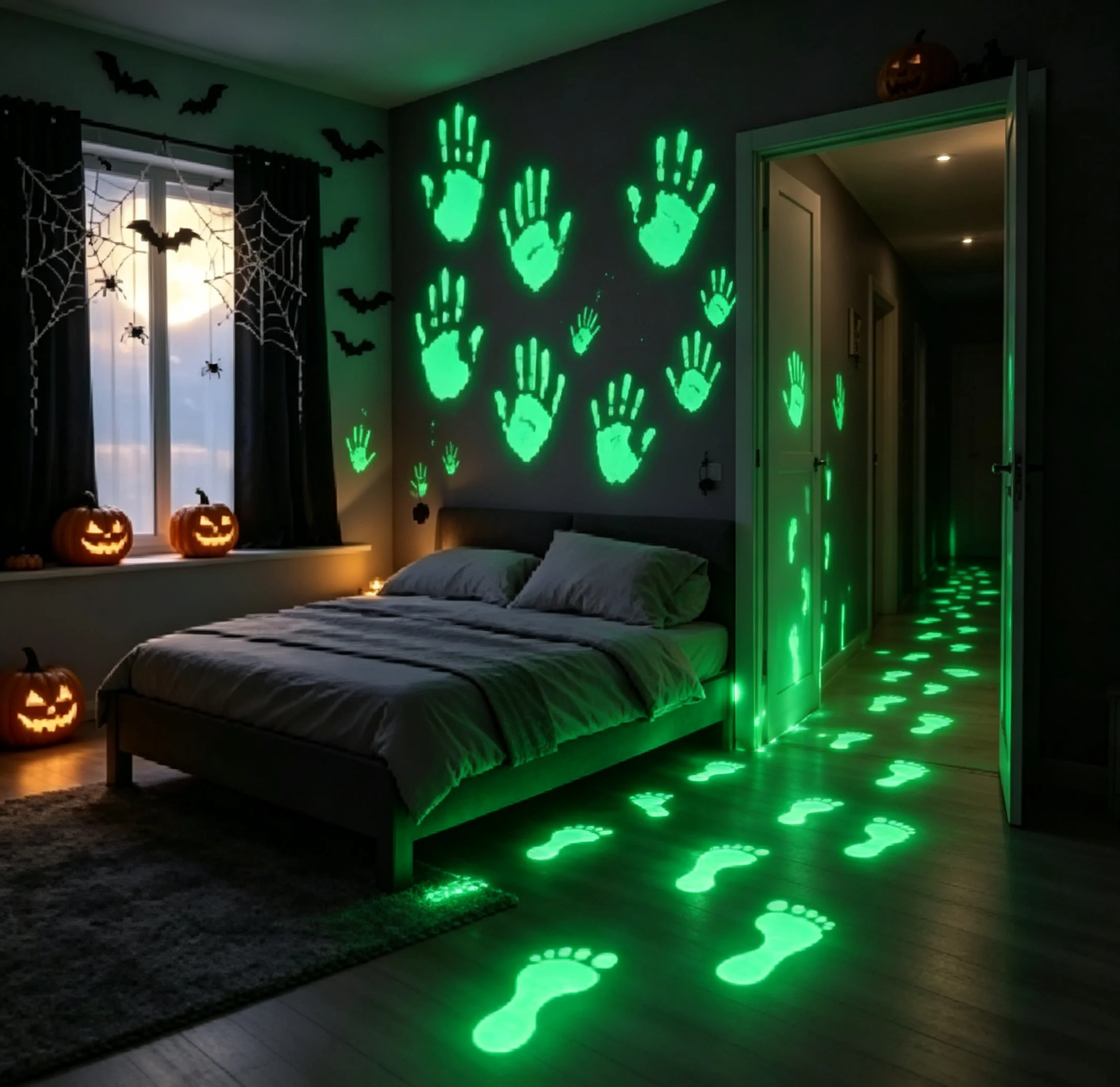 Halloween Ghost Hand Footprint Luminous Stickers Self‑Adhesive Non-Slip Glow in the Dark Stickers Birthday Party Halloween Decor
