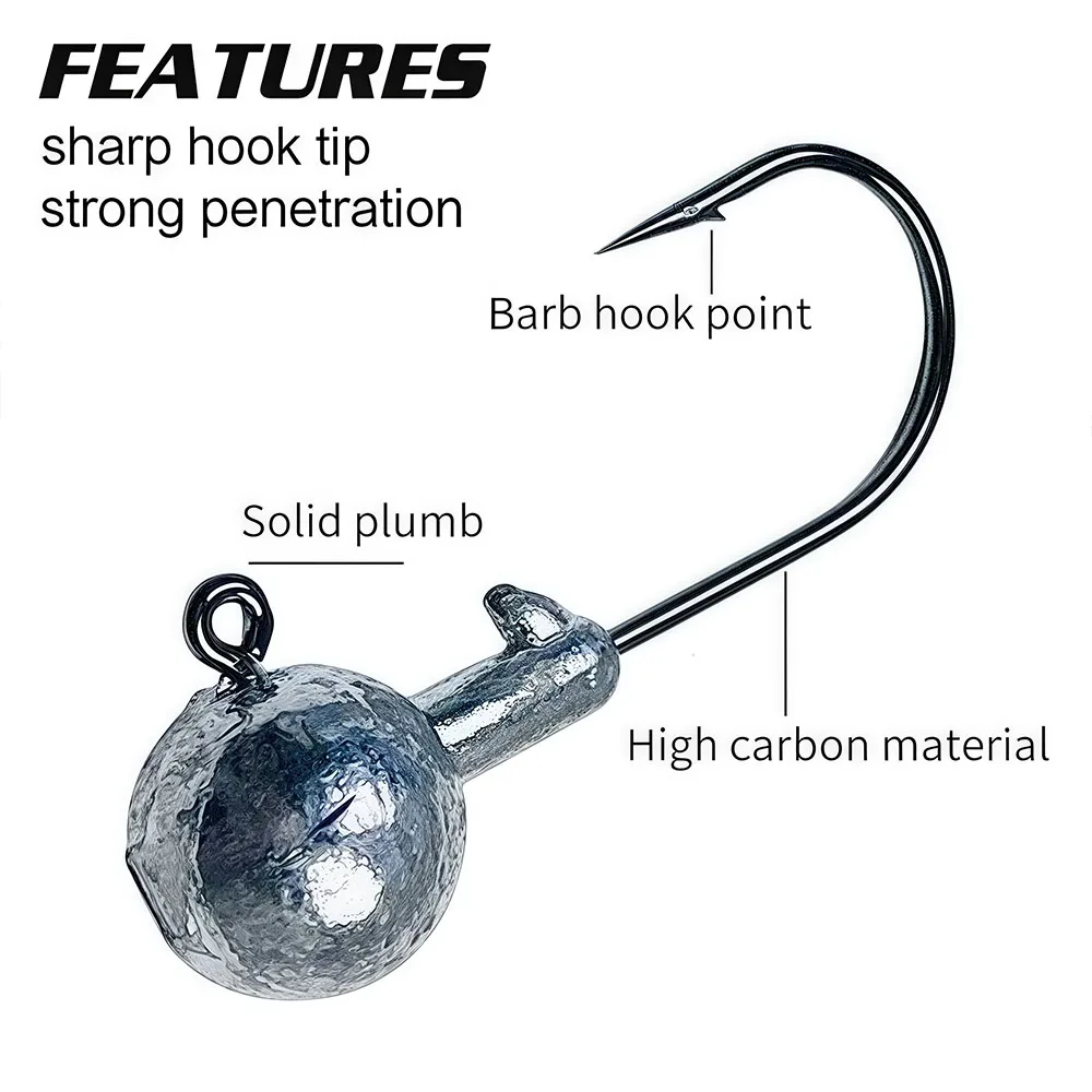 Limnoid Jig Head Hooks Kit, 30 Stück, scharfe Haken aus Kohlenstoffstahl mit Bleikugelkopf für das Angeln mit weichen Ködern im Salzwasser und Süßwasser – Detail 6