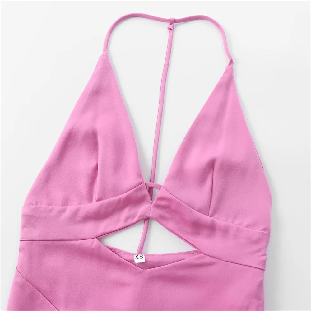 여름 신상품 여성 패셔너블한 슬림핏 홀로우아웃 디자인 실크 새틴 텍스처 드레스