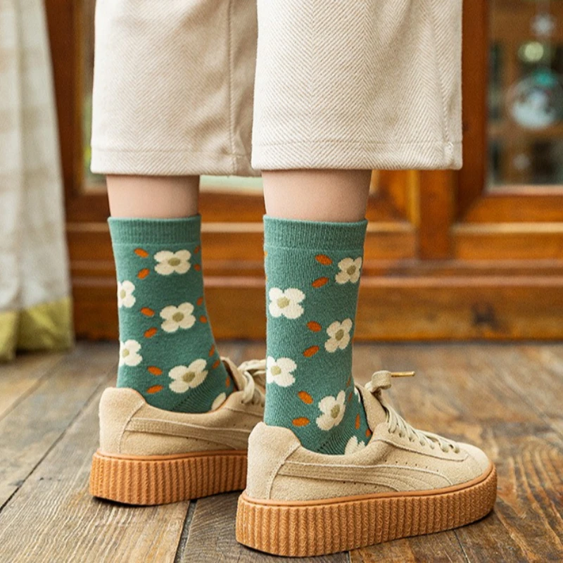 6 paires de chaussettes mi-longues pour femmes, Style artistique quatre saisons, plante fleur, décontractées et confortables, à carreaux, polyvalentes