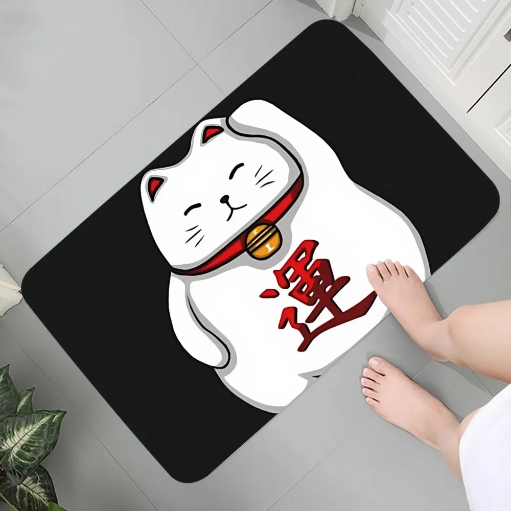 Custom Kawaii Maneki Neko Lucky Cat Floor Mat Graphic Printed Flannel Doormats for Bathroom Kitchen Entrance Carpet Home Decor