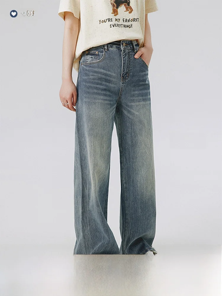 

Широкие джинсы прямого кроя с высокой талией, синие джинсы в американском стиле ретро, женские универсальные джинсы с высокой талией, закрывающие бедра, повседневные хлопчатобумажные джинсы...