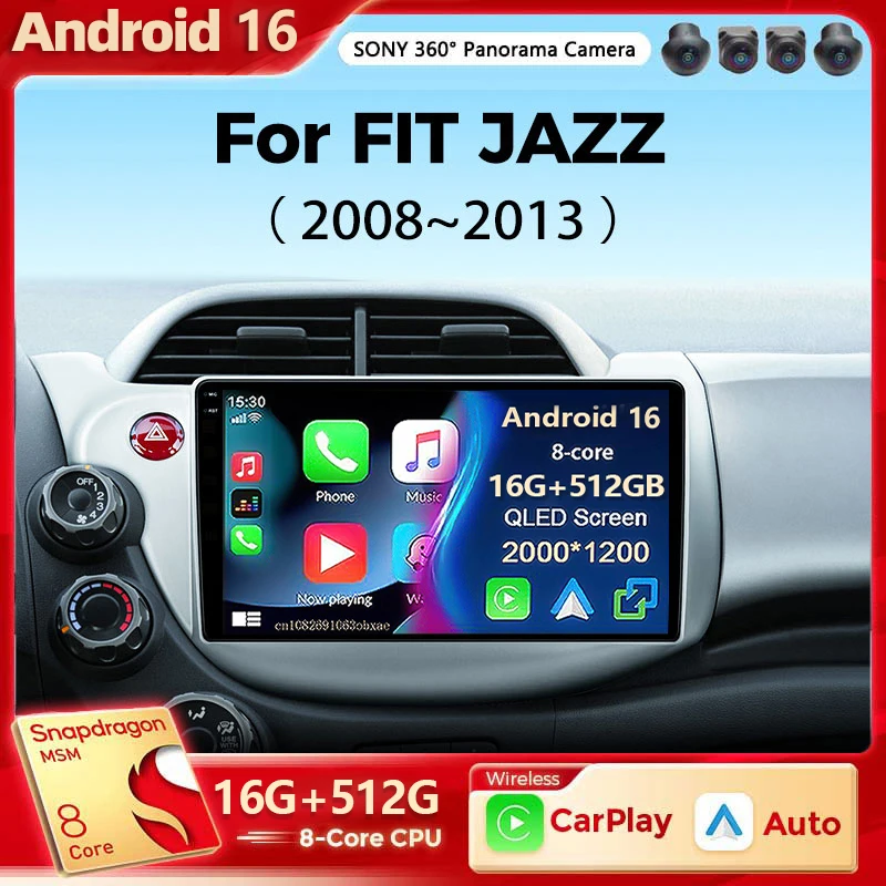 Android 16 Car Stereo Radio Multimedia Wireless Carplay Android Auto For HONDA FIT JAZZ 2008 2009 2010 2011 2012 2013 AUto BT