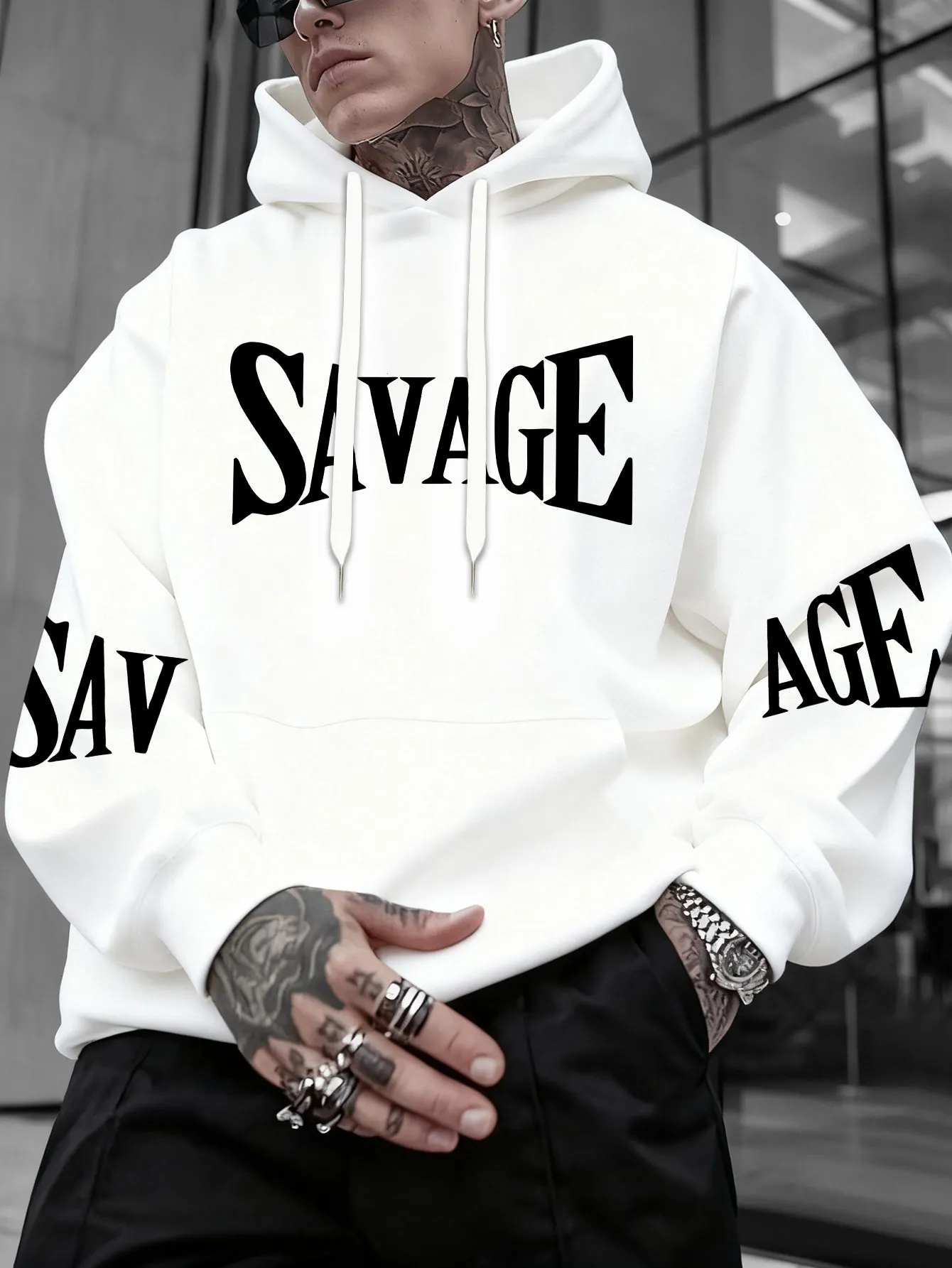 

Men's Autumn/Winter Wild Trendy Artistic Outfit! "SAVAGE Artistic Lettering" Printed Hooded Sweatshirt, Stylish,actical,