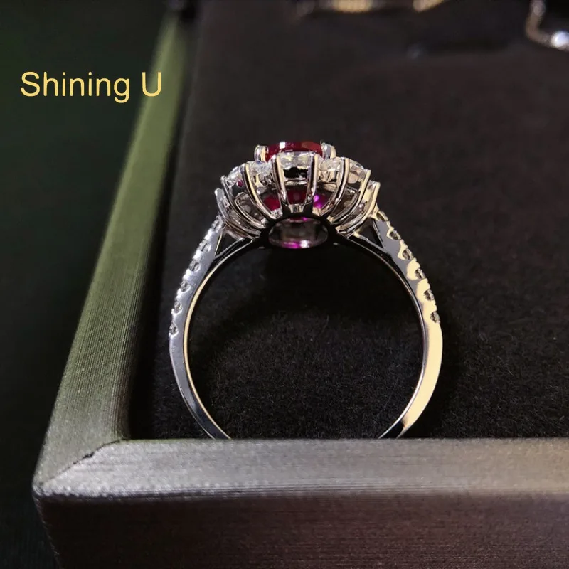 Shining U S925 Silver Oval 2CT Ruby High Carbon Diamond Gems Ring Fine Jewelry Engagement