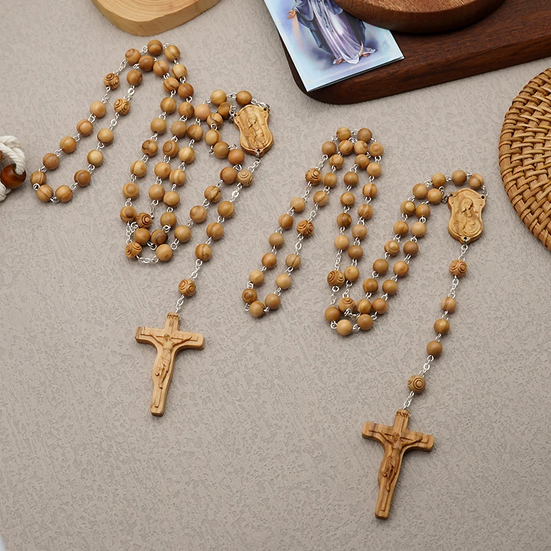 Hail Mary Olive Wood Crucifix Rosary Exorcism Necklace Prayer Beads Fashion Men Women Religious Jewelry Gifts