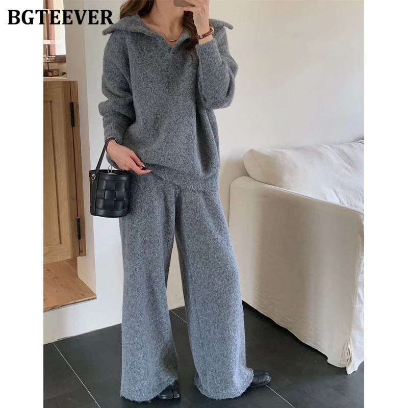 

BGTEEVER Chic Autumn Winter Thicken Warm Loose Female Knitted Outfits Long Sleeve Lapel Pullovers Sweaters & Wide Leg Trousers