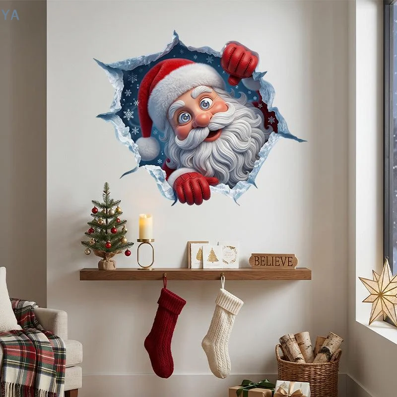 Christmas Santa Claus 3D Break Wall Sticker Self Adhesive Removable for Balcony Glass Xmas Holiday Decoration