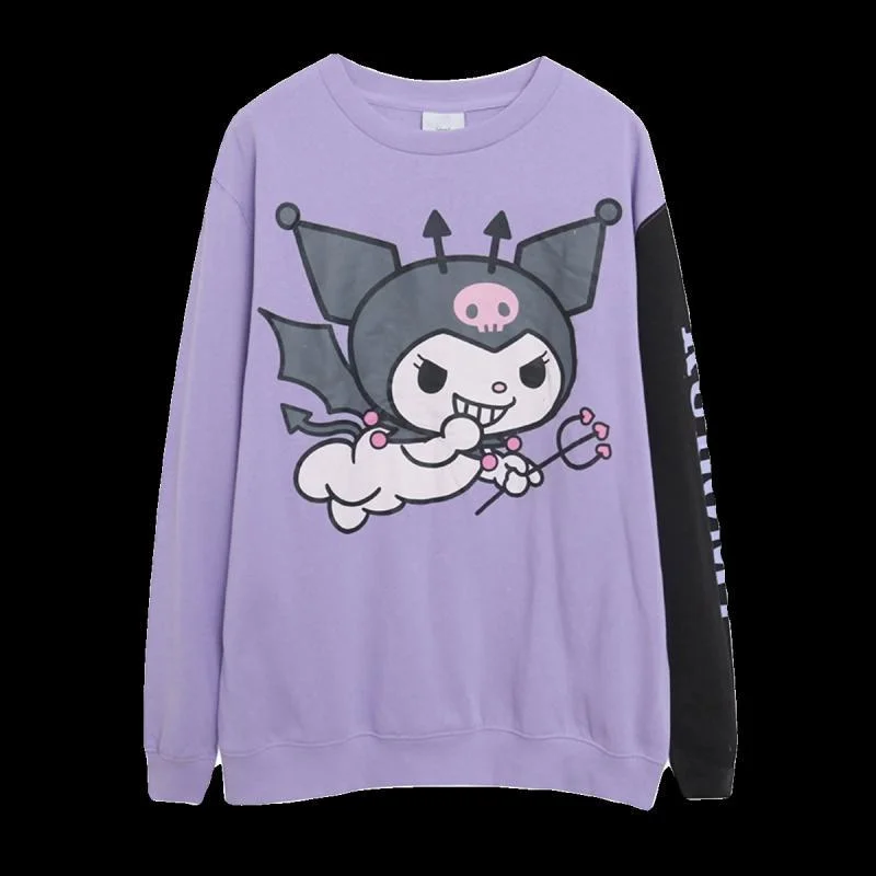 Sanrio Kuromi New Color Blocking Round Neck Pullover Cartoon Fashion Loose Top Shirts Y2k Anime Sweater Women Cute Sweatshirt