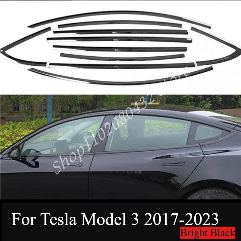 Car Accessories For Tesla Model 3 2017-2023 black Exterior Window Molding Strip Sill side Cover Trim 10pcs