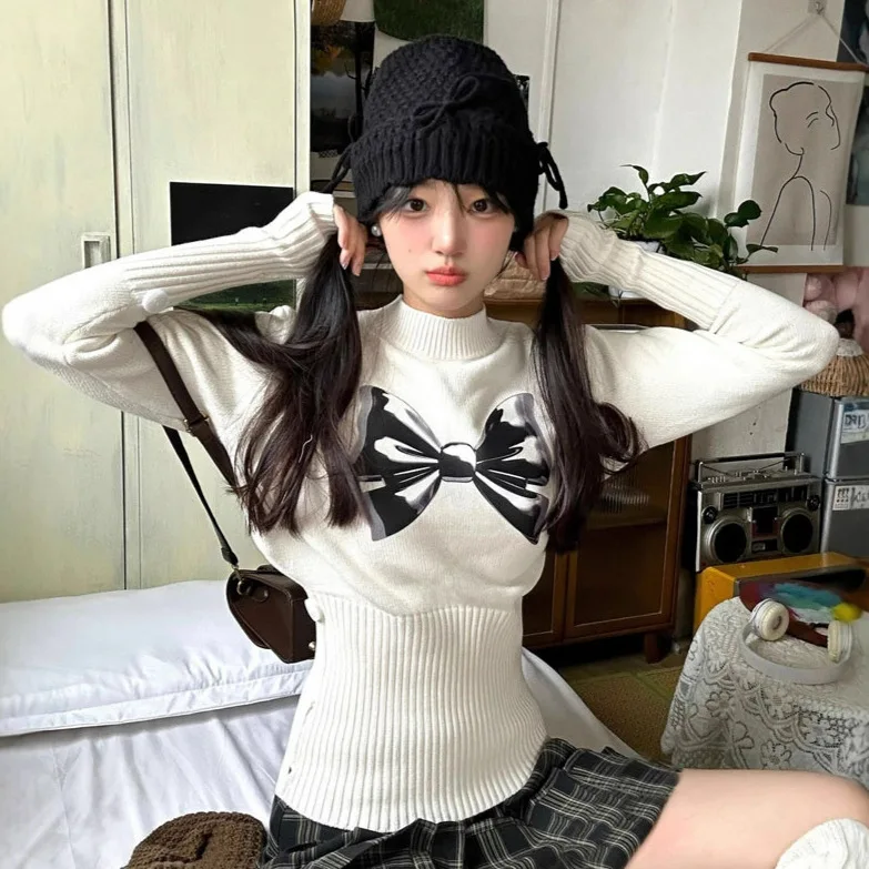 

American Bow Tie Half High Neck Sweater for Women In Autumn and Winter, Long Sleeved Knitted Sweater Top Design Sense