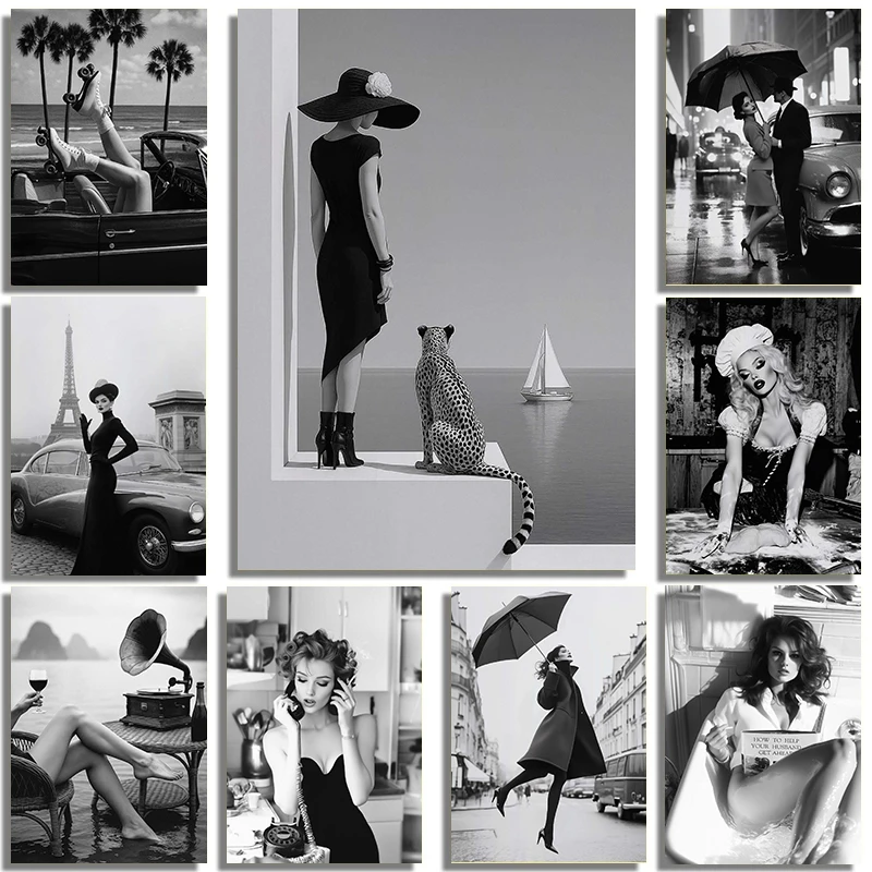 Black And White Fashion Street Interior Sexy Beauty Model Art Portrait Poster Luxury Canvas Painting Home Living Room Decorat