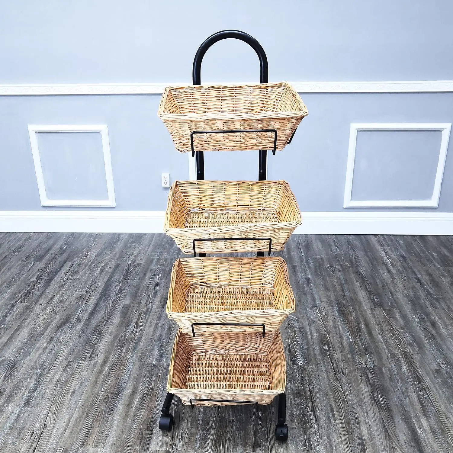 4 Tier Rolling Wicker Basket Display Rack Mobile Market Merchandiser Stand Kitchen Pantry Organizer Utility Storage Cart Floor Standing Display Shelf Tower Natural Willow Color