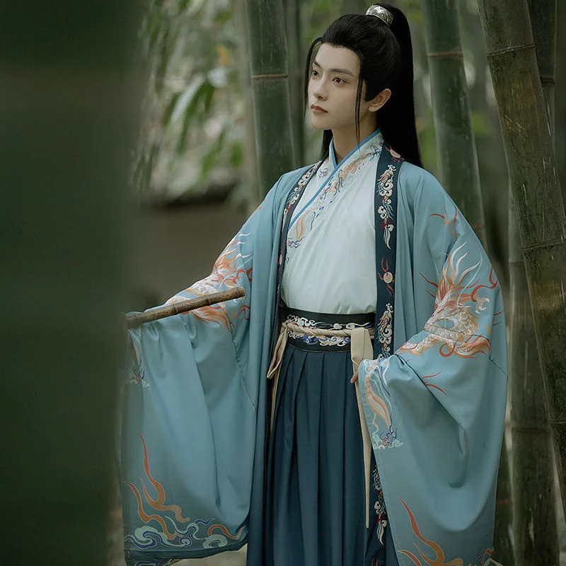 Hanfu de style chinois pour hommes, ensemble imprimé à col croisé, chevalier étudiant Wei Jin, grande manche, représentation sur scène, printemps, nouveau