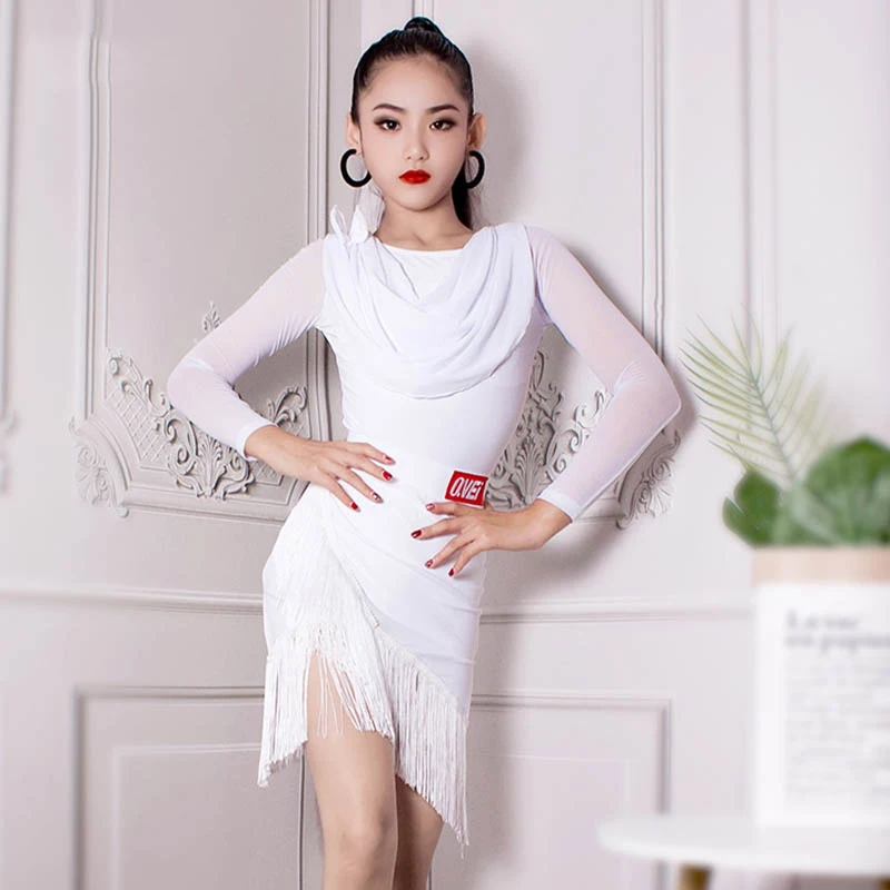 

2023 Kids Tango Chacha Ballroom Dance Competition Clothes Girls Long Sleeved Latin Dance Dress Latin Fringed Dresses DWY9363