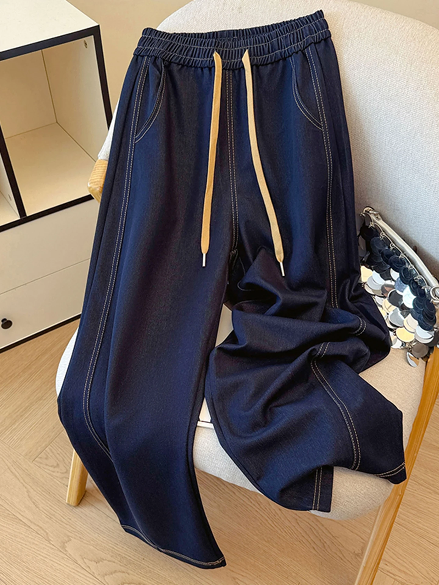 

Deep Blue Elastic Waist Loose Straight Leg Jeans Women's plus Size Spring Faionable Wide Leg Pants Casual High Waist