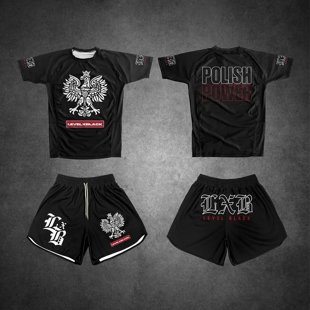 2026 Selling Strength Black T-shirt and Shorts Set for Men's Eagle Pattern Rapid Drying Comprehensive Fighting Training Clothing