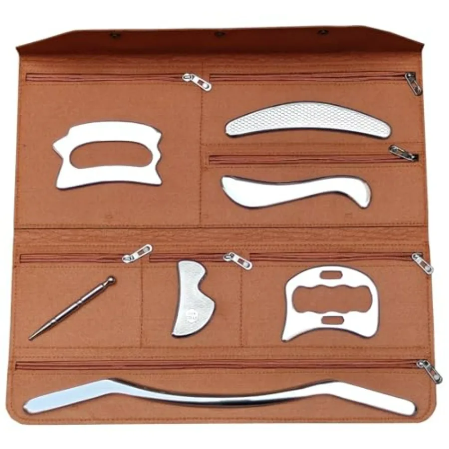 

7-Piece Stainless Steel IASTM Muscle Scraper Tool Set for Deep Soft Tissue Massage and Fascial Release with Carrying Bag in Bla