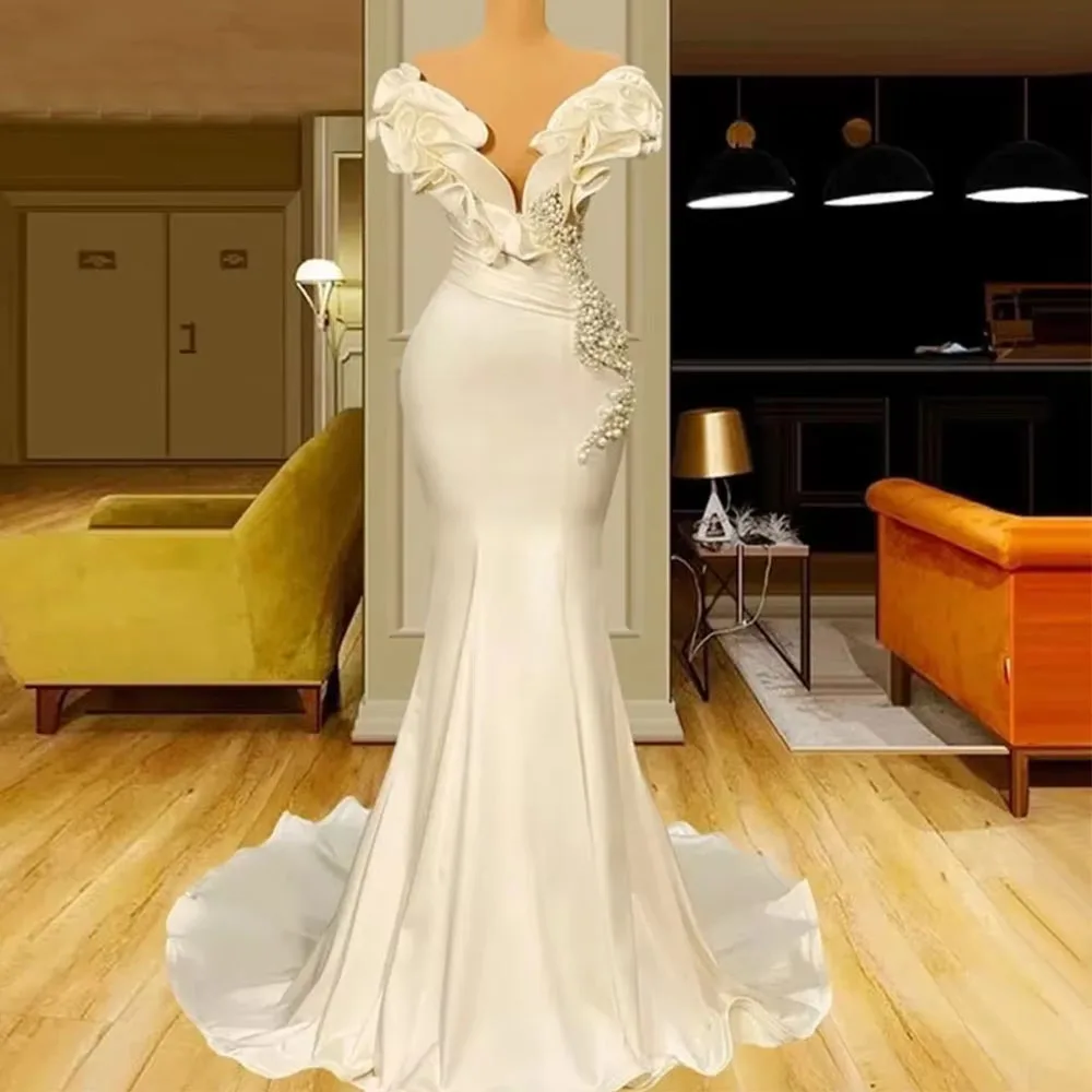 فساتين زفاف حورية البحر MCDV بدون أكتاف مع كشكشة مطرزة بالخرز وثنيات من الساتان للعروس بطول الأرض فساتين سويب تراين مخصصة