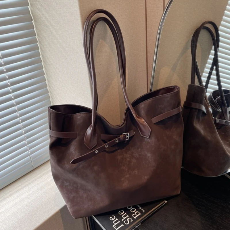 Retro Large Capaci Faionable Tote Bag Women's Commuter Handbag Single oulder Bag Busin Casual Pure Color PU Leather Handbags