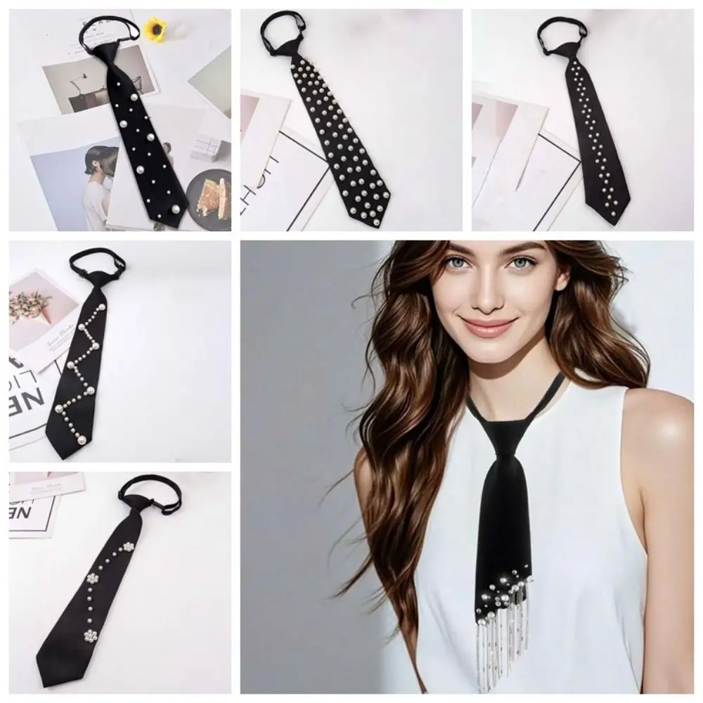 Cravate élégante de style coréen avec perles et pompons, noire, perlée à la main, longue, style académique, collier décoratif, cravate de chemise pour étudiants
