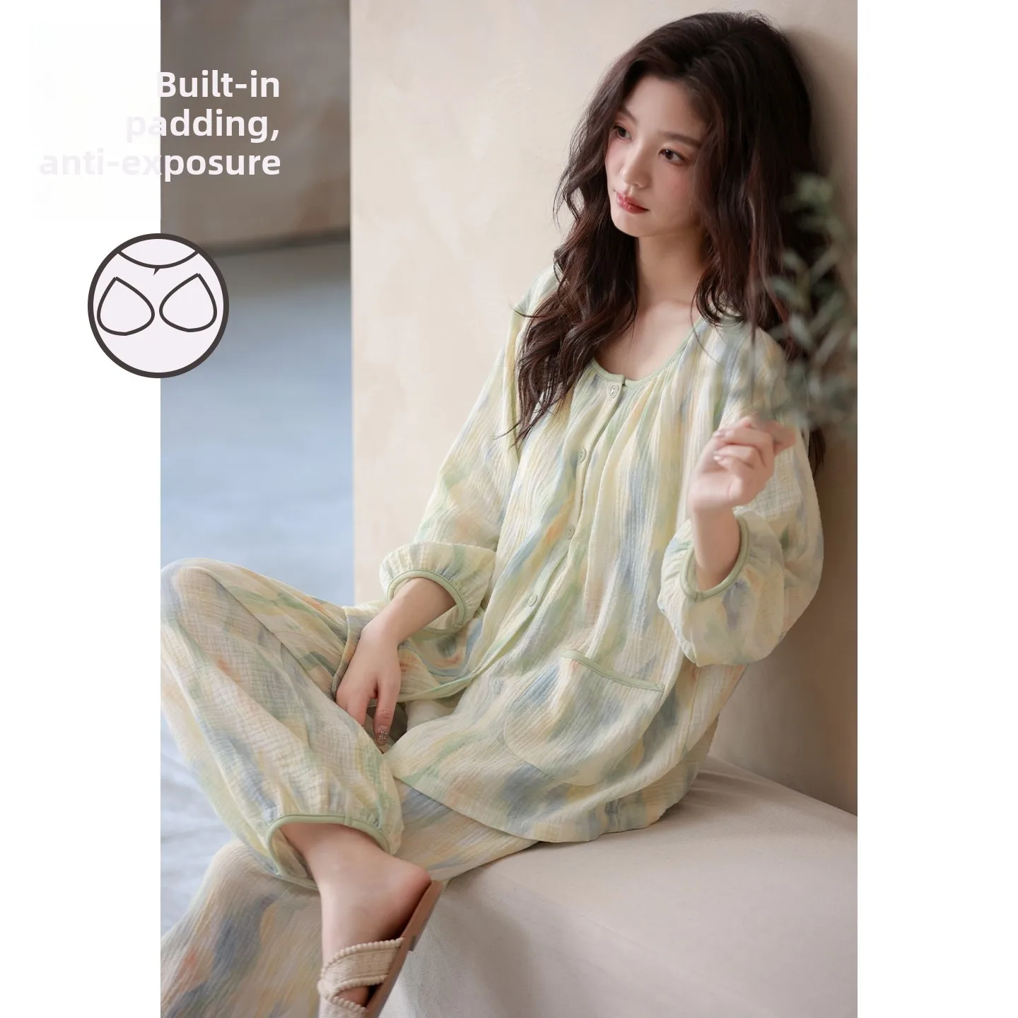 Cloud Cotton Sleepwear Women's Summer Lightweight Casual Thin Sleeve Nine Pants Loose Fit Home Clothes with Chest Pad Large Size