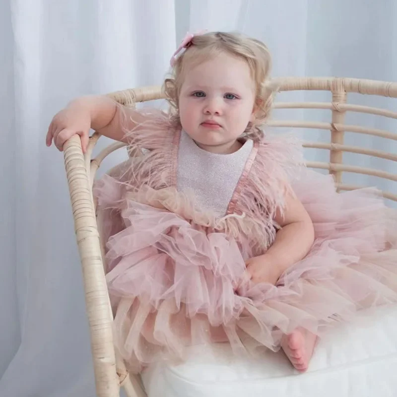 

Girls Dresses Feather Tulle Children Dress For Party Wedding 1st Birthday Dress For Baby Vestidos New Toddler Ball Gown Princess