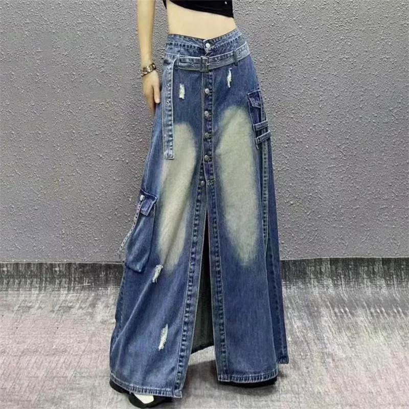 Spring Autumn Long Denim Dress Women 2026 New Blue Split Button Denim Skirt Fashion Belt Female Floor-Sweeping Culottes