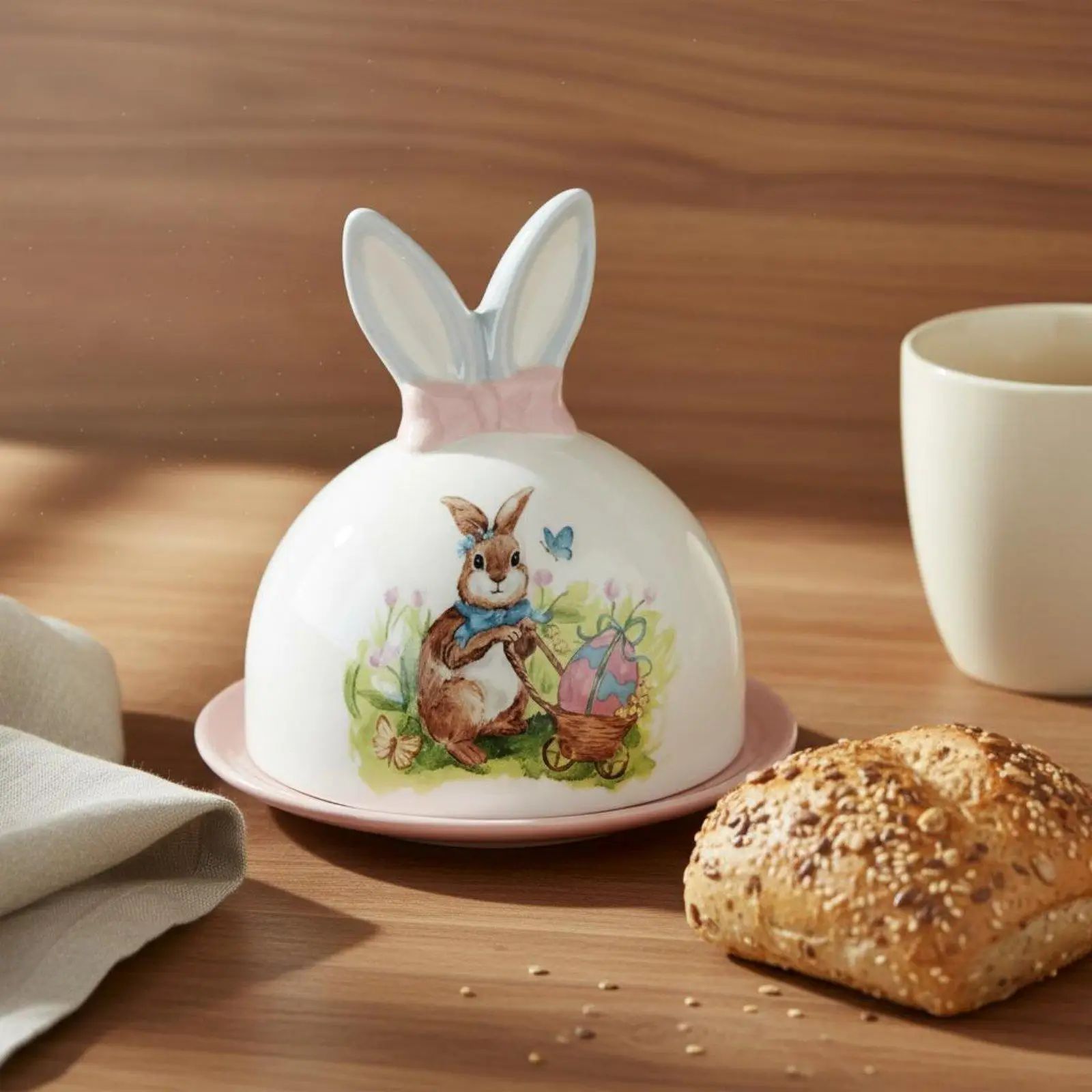 Hand Painted Ceramic Butter Keeper Dish with Bunny Ears Lid Cute Easter Rabbit Design for Serving Snacks Candies